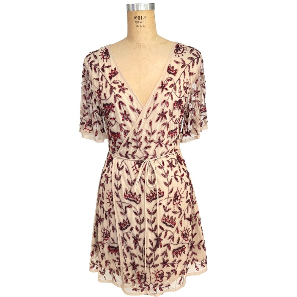 Altar'd State Beaded Sequin Crown Floral Wrap Mini Dress Nude Burgundy Medium